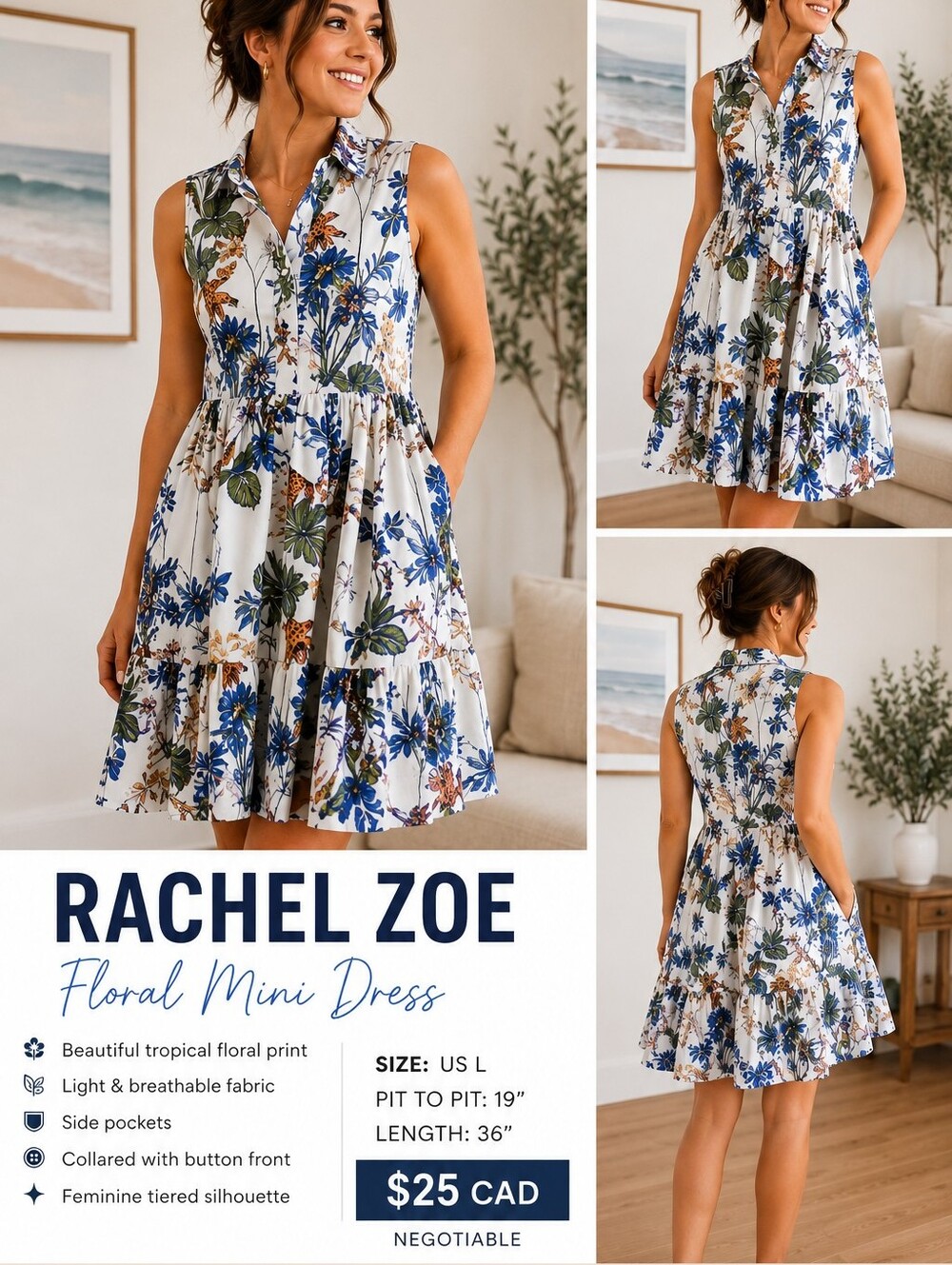 Rachel Zoe White and Blue Floral Mini Dress Pockets Coastal Cowgirl